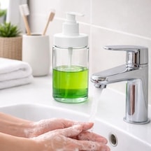 Cam Sıvı Sabunluk & Deterjanlık Kilitli Pompalı Sıvı Sabun Haznesi Banyo Sabunluğu Mutfak Deterjanlığı Deterjan Kutusu 320 Ml 2 000 Açık Krem