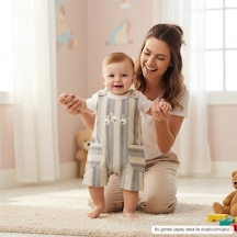 Ürünya Unisex Bebek Askılı Nakış İşlemeli Sıfır Kollu Şort Tulum Haki