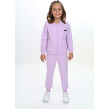 Toontoy Kids Toontoy Kız Çocuk 2'li Takım Baskılı Bisiklet Yaka Kolu Fırfırlı Sweatshirt & Beli Paçası Lastikli Cepli Jogger Eşofman Altı - 2 İplik Lila