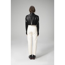 Siyah Dericlub Wm034 Gerçek Deri Crop Blazer Kadın Ceket