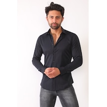 R-Germen Siyah Süper Slim Fit Erkek Gömlek Siyah