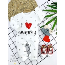 3-6-9-12 Ay Gümüş Yıldız I Love Mummy Baskılı Uzun Kollu Kız Erkek Bebek Tulumu 001