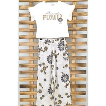 Turuncu Gardrop 4-8 Yaş Flower Keten Pantolonlu Kız Çocuk Takım Krem Krem