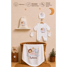 Pia Baby Erkek Bebek Hastane Çıkışı İsme Özel Battaniye Tulum Seti %100 Pamuk Ham Bez Kıyafet Keseli Erkek Bebek Hediyesi 1022btk3x Ekru