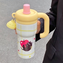 Sevimli Karikatür Yavru Kedi Buz Kupa Açık Taşınabilir Büyük Kapasiteli Saman Bardak Yüksek Değerli Kız Termos Bardak Toptan Sarı Kedi Yavrusu Buz Kupa 2 Nesil-600ml