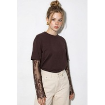 Shade Kadın Bisiklet Yaka Dantel Kollu Oversize Pamuklu T-shirt 1049 60286075 - Acı Kahve Acı Kahverengi