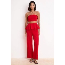 Benerly Kadın Straplez Peplum Detaylı Geniş Paça Uzun Örme Takım Soft Tou Kırmızı