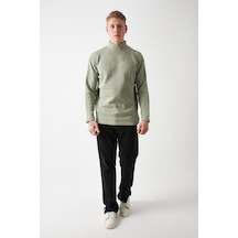 R-5849 Boğazlı Düz Örme Kazak Sweat Çağla Yeşili