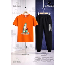 Ss Sinser Çocuk Ayıcık Surf Denız Baskılı Tişort Eşofman Takımı Turuncu - Siyah