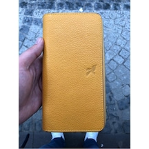Karalı Deri Unisex Hakiki Deri Telefon Bölmeli Cüzdan Sarı