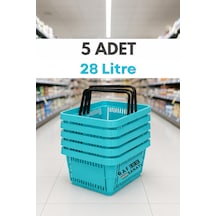 5 Adet - 28 Litre Plastik Market Alışveriş Sepeti Saplı Dayanıklı Market Mağaza El Sepeti Turkuaz