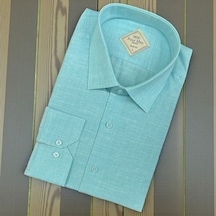 Linen Uzun Kol Pamuklu Yakası Gizli Düğmeli Gömlek Slim Fit Kalıp Açık Mavi