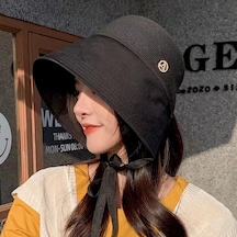 Bba Kadın Çok Yönlü Güneş Koruması Hasır Kova Şapka Cep Mendil Siyah