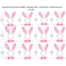 Pembe Tavşan Kostüm Seti Taç, Papyon, Ponpon 12 Li Paket Çok Renkli