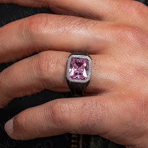 Mh-120 925 Ayar Gümüş Oksitli Pembe Zirkon Taşlı Sade Erkek Yüzük Gümüş