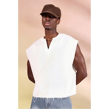 Tarz Cool Erkek Oversize Kolsuz Sweatshirt V Yaka Streetwear T-shirt Beyaz