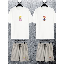Unisex Kadın Erkek Süper Mario Ve Prenses Baskılı Sevgili Çift Kombini Tasarım Oversize Tshirt Şort Beyaz Gri Mck2354 Beyaz Gri