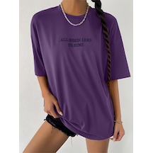 Roads Lead T-shirt - Mor Baskılı Oversize Bisiklet Yaka Kısa Kol Tişört Mor