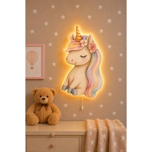 Ahşap Unicorn Duvar Lambası Pilli Led Gece Lambası Bebek Çocuk Odası-25 Yıldız Sticker Hediyeli Çok Renkli