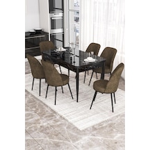 Canisa Concept Kor Serisi 70x114 Açılabilir Mutfak Masası Takımı Siyah Mermer Desen Masa 6 Kahverengi Sandalye Masa Siyah Mermer Desen Sandalyeler Kahverengi