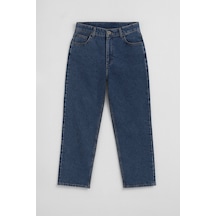 Kadın Yüksek Bel %100 Pamuk Mom Fit Jean Pantolon Mavi