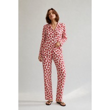 Fit Women Kadın Gömlek Yaka Düğmeli Gece Giyimi Kırmızı Pijama Takımı