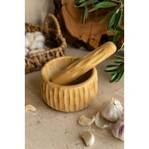Doğal Bambu Çizgili Havan Ve Tokmak Seti 11x6.5 Cm - Sarımsak Baharat Ezici Ve Öğütücü Ahşap Havan Takımı