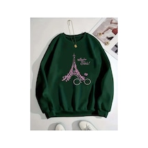 Herkesemoda Eyfel Baskı Detaylı Bisiklet Yaka İçi Polarlı Sweatshirt Yeşil