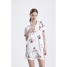 Laperissa Kadın Kısa Kol Şortlu Pijama Takımı Kız Bebek Desenli Yazlık Rahat Ev Giyim Beyaz