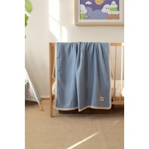 Sallhomee Pamuklu 4 Katlı Müslin Bebek Battaniyesi, Mavi, 90x110 Cm, Antibakteriyel, Dantelli, Düz Desen 36 Derece Üstü