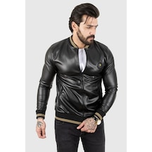 Rizzup Erkek Siyah Dar Kesim Sırtı Aslan Baskılı Taş İşlemeli Suni Deri Ceket / Mont 2200354