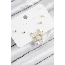 Pirinç Zirkon Taşlı İnci Sallantılı Damla Model Gold Renk 925 Ayar Gümüş Çivi Kadın Küpe Set Çok Renkli