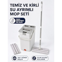 Temiz Ve Kirli Su Ayrımlı Mikrofiber Tablet Mop Ve Kovalı Temizlik Seti 360 Döner Başlık, 2 Yıkanabilir Bez