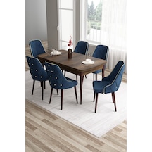 Canisa Tia Serisi 80x132 Açılabilir Mdf Mutfak Masası Takımı Barok Masa 6 Lacivert Sandalye Masa Barok Ahşap Desen Sandalye Lacivert