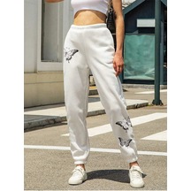 Butterfly Print Elastic Waist 4 Mevsim Eşofman Beyaz