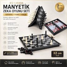 Manyetik Satranç Dama Tavla 3'lü Set 32 Cm Katlanabilir Taşınabilir Zeka Oyunu Eğitici Oyun