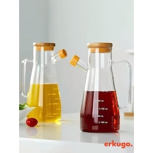 2 Adet Vakumlu Bambu Kapaklı Borosilikat Yağdanlık, Zeytinyağı Sıvıyağ Şişesi, Yağlık 900 Ml Oilpot
