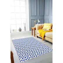 Saks Mavi Karo Desen Kaymaz Tabanlı Dekoratif Halı Kr003n11
