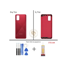 Samsung Galaxy A02s Kırmızı Renk Arka Kapak + Tamir Seti + B7000 Yapıştırıcı Arka Cam Batarya Kapağı Pil Kapağı Lazer Kesim Back Cover Galaxy A02s Uyumlu 46826465