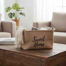 Sweet Home Dikdörtgen Jüt Düzenleyici Sepet 24x17x14 Cm Krem Renk Katlanabilir Kumaş Kulplu Organizer Ev, Mu Çok Renkli