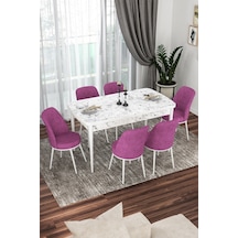 Canisa Kor Serisi 70x114 Açılabilir Mutfak Masası Takımı Beyaz Mermer Desen Masa 6 Mor Sandalye Masa Beyaz Mermer Desenli Sandalyeler Mor