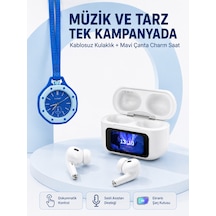 Ekranlı Kablosuz Kulaklık Ve Mavi Çanta Charm Saat Kampanya Seti - Lisinya