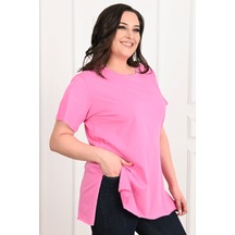 Kadın Bisiklet Yaka Yırtmaç Detaylı Büyük Beden Tshirt 9633-22 001