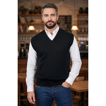 Kamalı Erkek Siyah Tüylenme Yapmayan Anti Pilling Kumaş Standart Fit Normal Kesim V Yaka Triko Süveter
