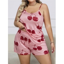 Büyük Beden Pembe Kiraz Desen İnce Askılı Pamuklu Şortlu Pijama Takımı