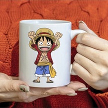 One Piece Hasır Şapkalı Luffy Baskılı Hediyelik Beyaz Kupa Bardak Beyaz