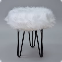 Beyaz Peluş Puf Tabure, Siyah Renk Metal Ayaklı Yumuşak Oturma Pufu 38x37 Cm - Yatak Odası, Salon Pufu Beyaz