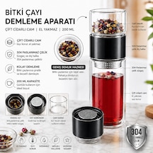 Muzeko 200ml Çift Katlı El Yakmayan Isıyı İçinde Tutan Cam Bardak Detox Bitki Çayı Demleme Ihlamur Demliği Bitki Çayı Demleme Tüm Bitki Çaylar İçin Uygundur Siyahkapak Siyah - Şeffaf
