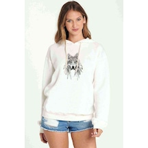 Watercolor Wolf Baskılı Kadın Kapüşonlu Beyaz Sweatshirt (534804231)