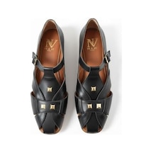 Ne&ve Shoes Siyah Deri Aksesuar Detaylı Tokalı Kadın Sandalet